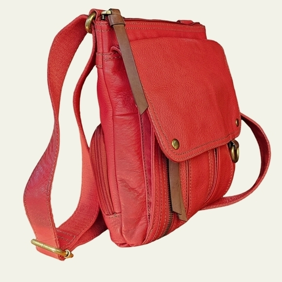 FOSSIL Morgan Traveler Red Leather Organizable Adjustable Strap Crossbody - Picture 8 of 11